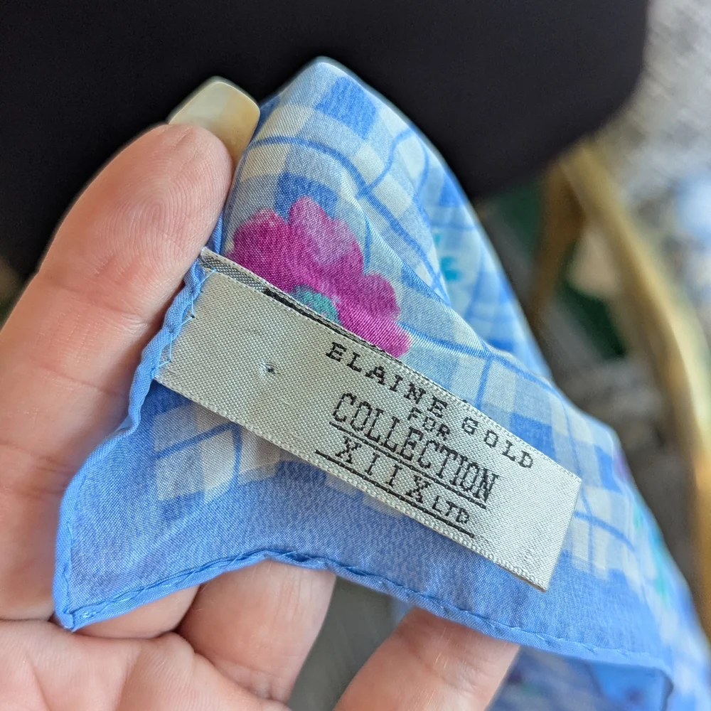 Vintage 80s Elaine Gold Silk Floral Blue Checkered Scarf Cottagecore Boho